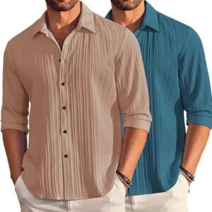 DEELMO Combo of Men's Casual Button Down Shirts Long Sleeve Linen Shirt Fashion Textured Summer Shirts Pack of 2