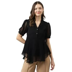 KERI PERRY Women's Georgette Solid Flared Western Regular Fit Top - Image 5